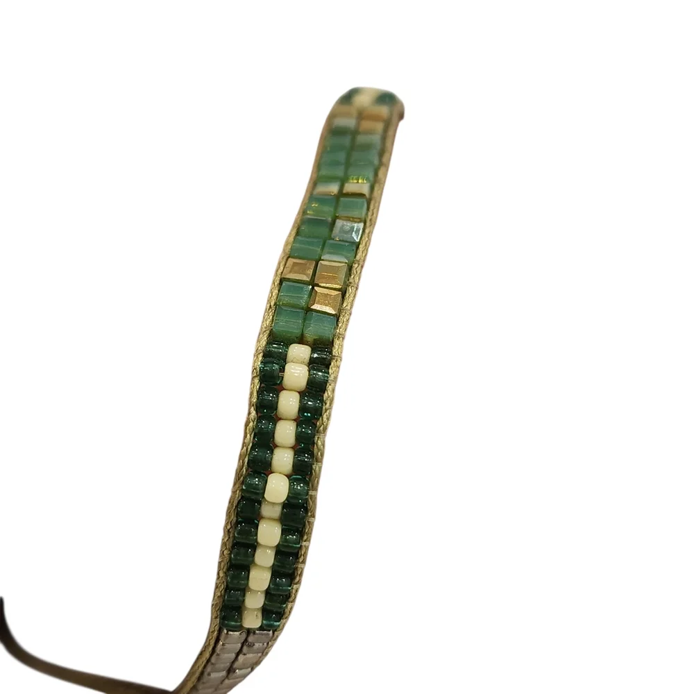 Boho dainty bracelet petite seed beads adjustable length green golden lime gold